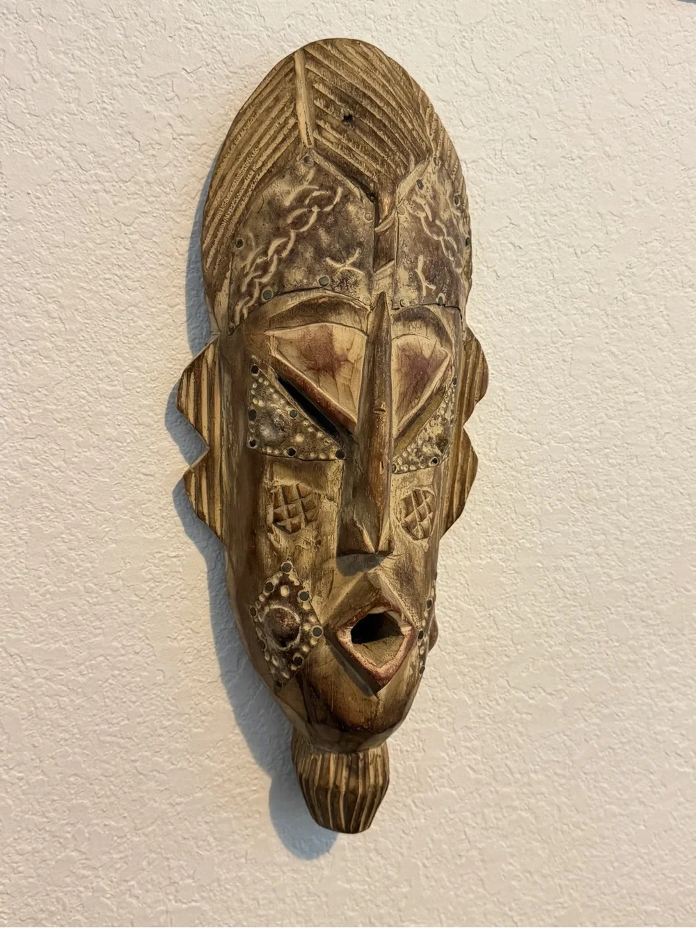 Wall Art Handmade Thinking Mask African Wood Mask (Ghana) 15”